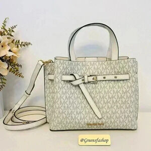 Michael Kors Emilia Small Satchel Crossbody Bag Light Cream MK Signature